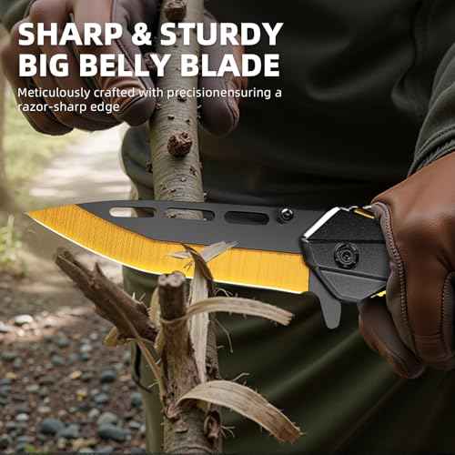 EDC Folding Pocket Knife for Men - Outdoor Survival Knife for Camping Hiking, Cool Gadgets Gifts for Dad/Him/Husband, Stocking Stuffers (Golden Black)