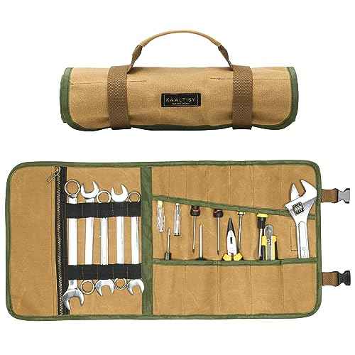 Canvas Tool Roll, Portable Roll Up Tool Pouch - 16OZ Waxed Canvas Wrench Organization | with 12 Slots & Elastic Band & 1 Zippered Pocket | for Pliers Chisels Spanners Screwdrivers