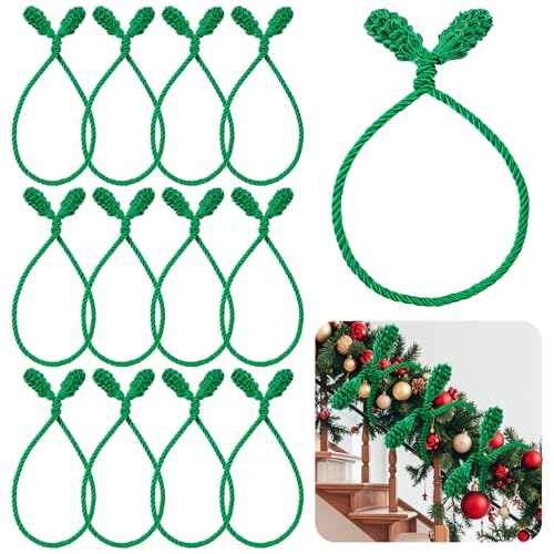 12pcs 20 Inches Christmas Garland Ties, Reusable and Flexible Xmas Garlands Wreath Twist Tie for Banister Railing Stairs Tree Home Holiday Decoration Craft Wrapping(Green)