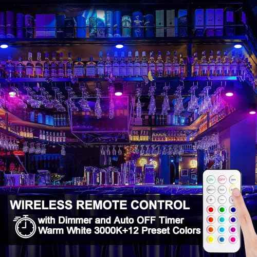 BLS LED Puck Lights with Remote Control, Wireless Under Cabinet & Closet Lighting, RGB 13 Color Changing Lights with Dimmer, Timer & AA Battery Operated, Push, Touch, Stick on for Night, Wall, 6 Pack