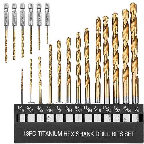 19 PCS Hex Shank Drill Bit Set, 1/16"-1/4" HSS Titanium Coated Twist Bits for Metal Wood Plastic, 4241 High Speed Steel Small Quick Change Drill Bits with Holder