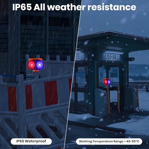 Solar Strobe Warning Light, 3 Working Modes Double Side Red Blue Flash Traffic Lights Wireless Rechargeable Waterproof Safety Barricade Warning Lights for Road Construction (Iron Clamp)