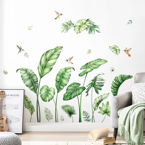 Large Palm Leaves Wall Decals, Tropical Plants Wall Stickers Boho Green Peel and Stick Wall Decal Self Adhesive Wall Art Sticker for Aisle Bedroom Office Sofa Backdrop Home Decor