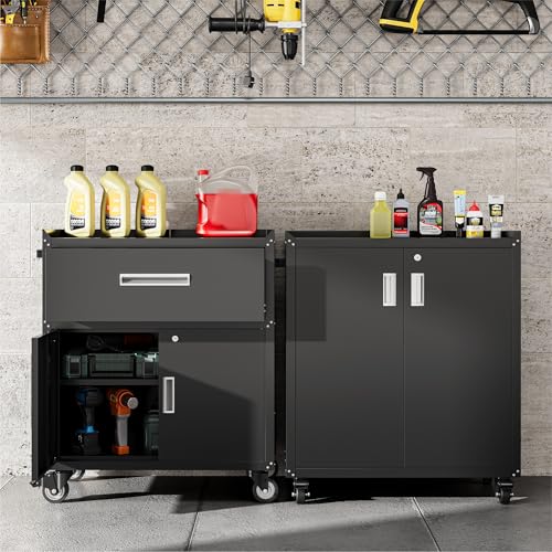 COFaR Heavy-Duty 2-Door Rolling Storage Cabinet, 35"H Black with 2 Adjustable Shelves, Lockable Wheels & Doors (Without Drawer) – Industrial Tool Chest