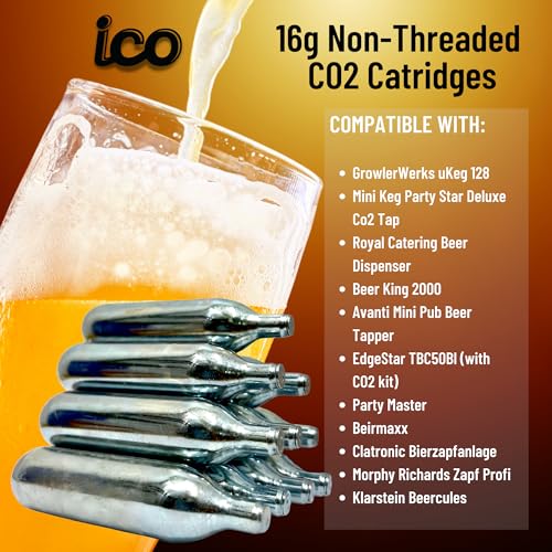 ICO 16g Non-Threaded CO2 Cartridges, Food Grade, 20 Count