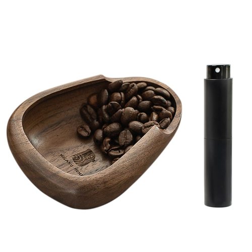 MIGAKU HOME Coffee Bean Dosing Cup & RDT Spray Bottle Set - Walnut Wood Espresso Accessories Kit with Static Reduction Spray, Measuring Tray for Coffee/Tea ﻿