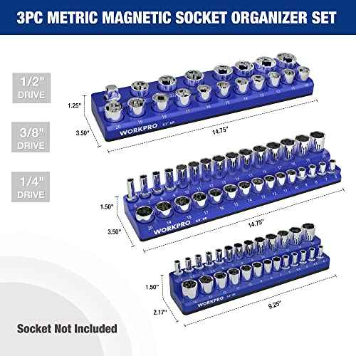WORKPRO Magnetic Socket Organizer Set, 3-Piece Socket Holder Set Includes 1/4", 3/8" and 1/2" Drive Metric Socket Trays, Holds 75 Pieces Standard Size and Deep Size Sockets(Socket not Included)