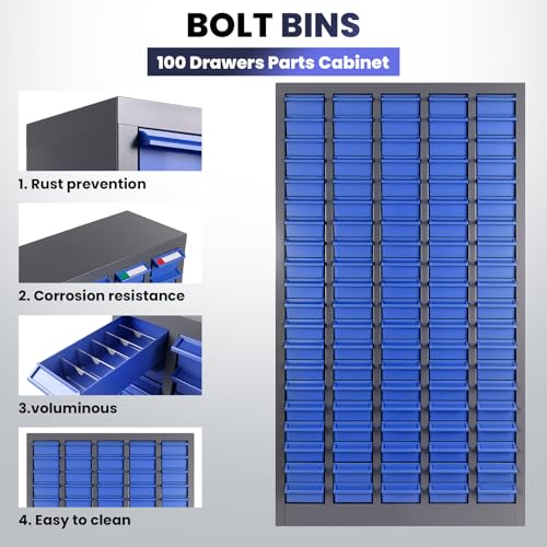 100-Drawer Parts Storage Cabinet 26x9x46 in Heavy-Duty ABS Drawers | Nut & Bolt Organizer with 500 Dividers