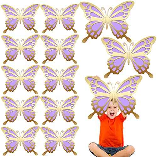 Geyee 12 Pcs 3D Large Butterfly Party Decoration 12 Inch 10 Inch Big Butterfly Centerpieces for Tables Baby Shower Birthday Wedding Hanging Decoration(Gold and Purple)