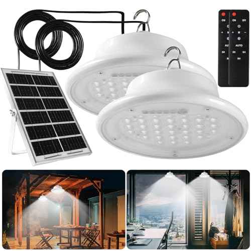 Solar Pendant Light Shed Light Lighting Day and Night Auto Dusk to Dawn Solar Light Indoor and Outdoor with Remote Controlfor for Barn, Patio, Garden, Yard, Gazebo,Chicken Coop, Tent (2 Lights)