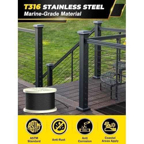 TooTaci T316 Stainless Steel Cable Railing Kit - 500FT 1/8 Black Wire Rope, 7x7 Flexible Strands, 1800LB Marine Grade Cable - Durable Outdoor Deck Railing Wire for Balcony, Fence, Stair, DIY Projects