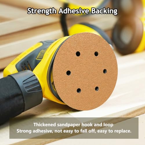 50 PCS 6 Inch Sanding Discs Hook and Loop 320 Grit, 6 Hole Sand Paper Disc for Random Orbital Sander, Gold Random Orbital Sandpaper Pads