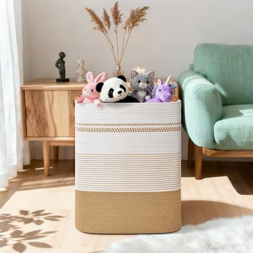 85L Jute & White Laundry Hamper with Leather Handles – Tall Rectangle Cotton Rope Storage Basket