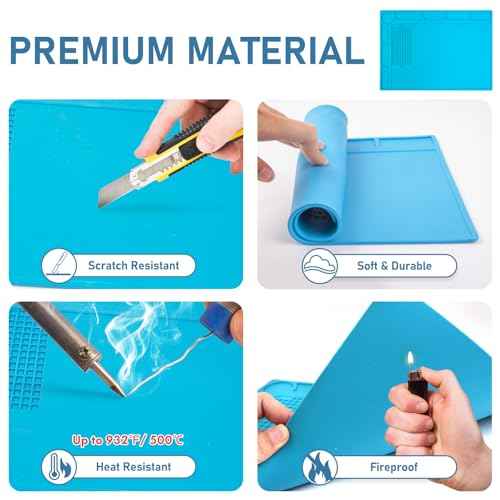 XOOL Heat Resistant Soldering Mat - Blue Magnetic Silicone Work Mat with Scale Ruler and Screw Position, Silicone Soldering Repair Mat for Soldering, Phone, Laptop, Tablet, Watch Repair(13.8''¡¿9.8'')