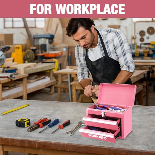 WORKPRO Portable Mini Tool Box 2-Drawer Chest with Top Storage, Pink