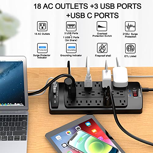 POWSAV Black 6ft Surge Protector Power Strip with 18 Outlets & 4 USB Ports
