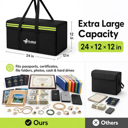 FLASLD 24x12x12” Fireproof Waterproof Document Bag - Fire Safe for Cash & Valuables