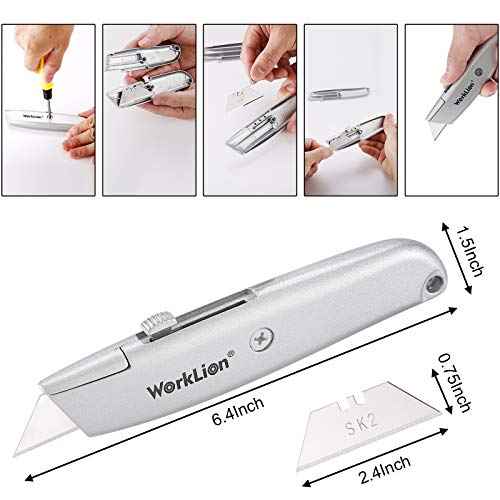 Retractable Utility Knife Box Cutter - 2 Pack Safety Box Cutters Retractable Metal Cutter Tool With 5 Replacement Blades Heavy Duty Box Cutter Knife