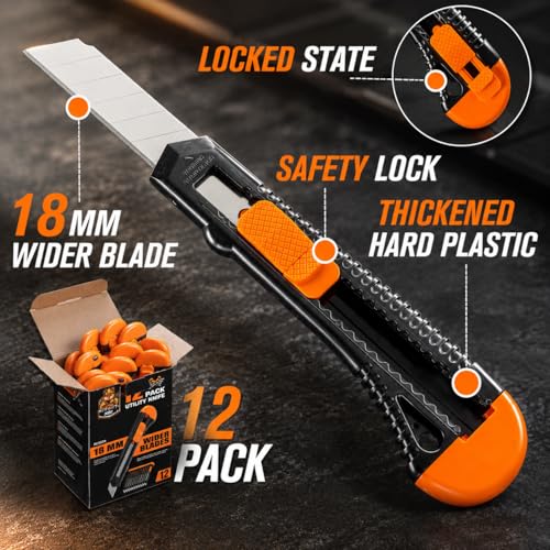 REXBETI 12-Pack Heavy-Duty Retractable Utility Knives with 18mm Blades - Office & Home Use
