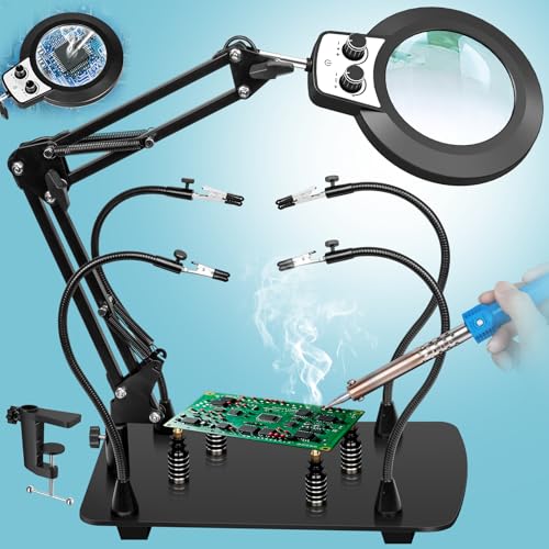 Helping Hands Soldering Station, 10X Magnifying Glasses with Light and Stand, 4 Magnetic PCB Pillars, Infinite Color Stepless Dimming Magnifier Lamp for Electronic Repair Model Craft