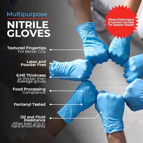 Heavy Duty 6 Mil Blue Nitrile Gloves Disposable Latex & Powder Free -Extra Stretchy Fentanyl Safe |Medical,First Aid Kit,EMT|Food Safe Rubber Gloves for Cooking & Cleaning| Pack of (200)