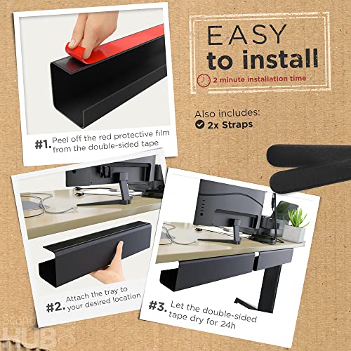 Scanfield 17-Inch Under Desk Cable Management Tray No-Screw 2-Pack Black - Self-Adhesive