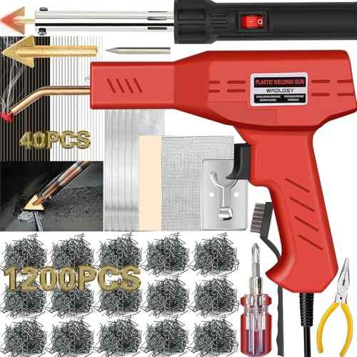 220W Plastic Welder, 1200PCS Staples 40PCS Rods Plastic Welding Kit, 5 in 1 Welding Tips Tape Sandpaper Wire Mesh Stand Metal Brush Screwdriver Plastic Welder Kit Bumper Repair Kit (Red)