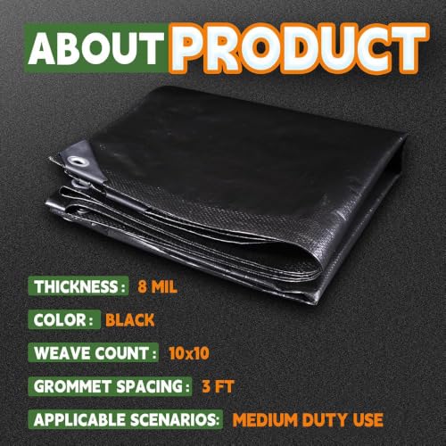 RAINDEWAY Black Waterproof Tarp 6x8 Feet - 8 Mil Heavy Duty Poly Cover
