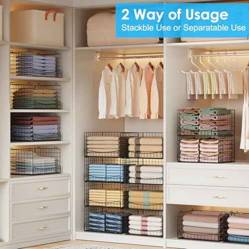 JKsmart 4-Tier Stackable Closet Organizers and Storage Shelves, Extend Clothing Closet Shelf Bins for Jeans Pants Sweaters - Wardrobe Cupboard Clothes Organizer System-Wider Mouth Design