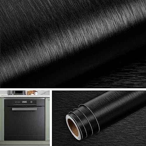 Livelynine Brushed Black Peel and Stick Wallpaper Stainless Steel Contact Paper for Appliances Dishwasher Refrigerator Door Covers Fridge Vinyl Wrap Waterproof Kitchen Counter Top Cover 15.8x78.8