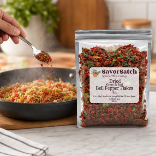 SavorSatch Dried Red & Green Bell Pepper Flakes 8oz Resealable Bag, Kosher, Non-GMO