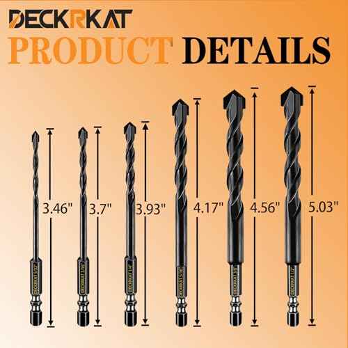 DECKRKAT 6-Piece Black Masonry Drill Bit Set for Concrete, Brick, Tile - Carbide Tipped, Quick Change 1/4" Hex Shank (5/32",3/16",1/4",5/16",3/8",1/2") w/Storage Case