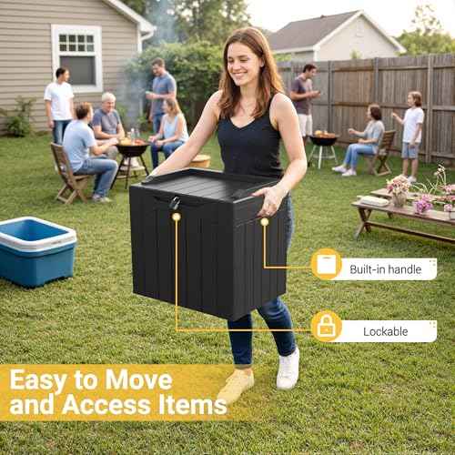 Greesum 31 Gallon Resin Deck Box Large Outdoor Storage for Patio Furniture, Garden Tools, Pool Supplies, Weatherproof and UV Resistant, Lockable, Dark Black