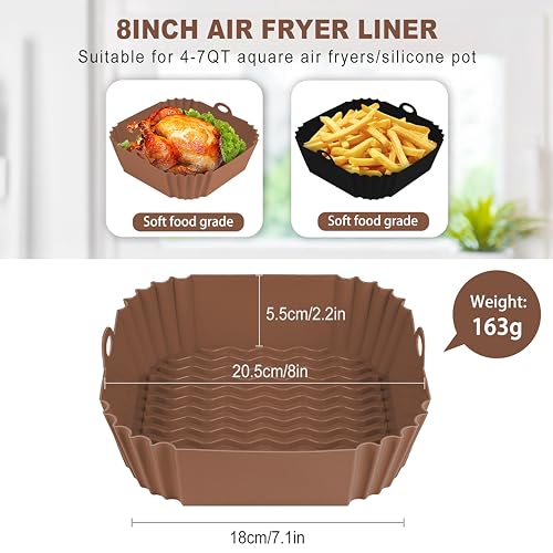 Boribim 2-Pack 8-Inch Silicone Air Fryer Liners (Black + Brown) – Reusable Sq Liners for 4-7 Qt Air Fryers
