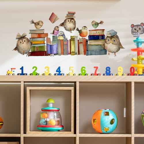 Reading Books Wall Decals,Owl Books Wall Stickers,Peel and Stick Art Wall Decors,Removable Learning Student Artwork,for Kids Bedroom Nursery Playroom Classroom Library Reading Corner Decoration