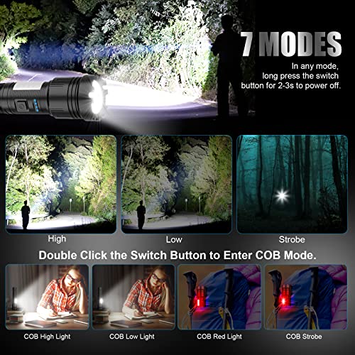 Magnetic Rechargeable Flashlight High Lumens, Super Bright LED Flash Light with COB Work Light, USB C, 7 Modes, Zoomable, IPX6 Waterproof Tactical Pocket Flashlights for Emergency Camping