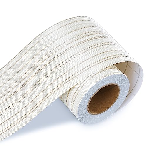 LACHEERY Off White Bulletin Board Border Wallpaper Peel and Stick Border Trim Beige Fabric Removable Mirror Frame Borders Peel and Stick Striped Grasscloth Wall Paper for Bulletin Board Walls 3"x197"