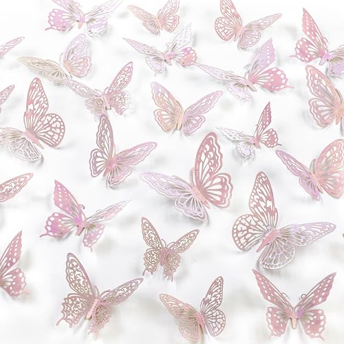 Phuryllic 48pcs Laser Pink Butterfly Wall Decor Stickers for Party & Room Decoration