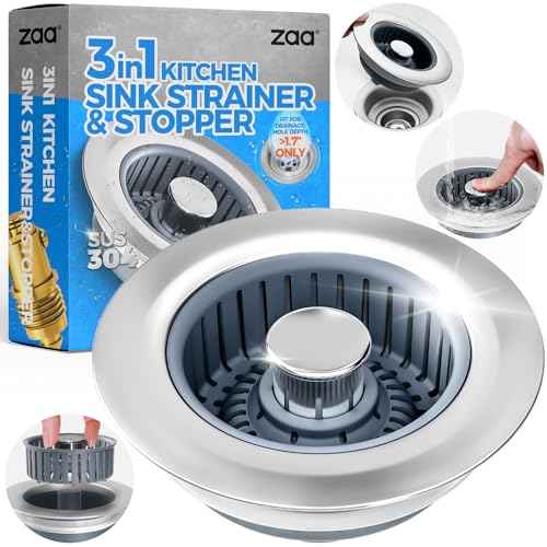 Upgraded 3in1 Kitchen Sink Drain Strainer & Sink Stopper, Stainless Steel Kitchen Drain Plug & Sink Installation Parts with Anti-Clogging Basket, Fit US Standard 3-1/2'' Sink Drain Hole, Silver