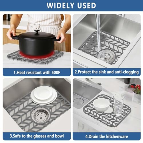 AWOKE Silicone Sink Protectors 12.25 x 11.5 Inch 2-Pack for Kitchen Sink with Center Drain Hole, Anti-Slip, Dishwasher Safe, Gray