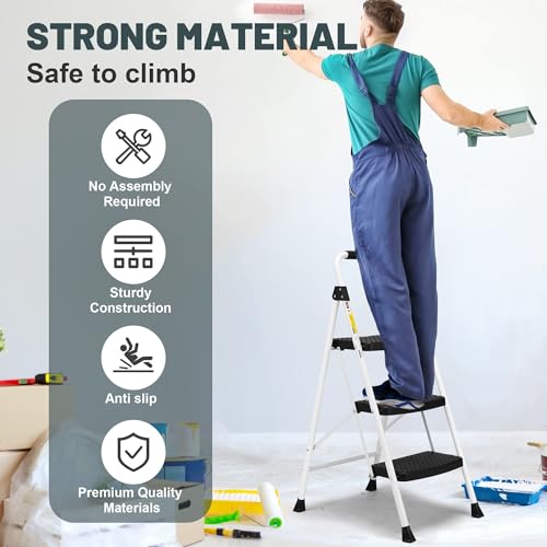 Soctone 3-Step Ladder for Adults, Heavy-Duty Steel, 500lbs Capacity