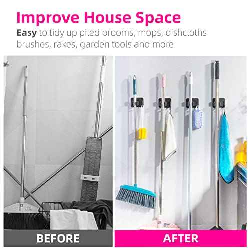 4 Pack Anti-Slip Broom Holder, Space-Saving, Damage-Free Wall Mount, Stainless Steel, Black