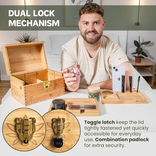 Stash Box Bamboo Storage Box with Combination Lock ? Wooden Organizer Box with Removable Tray, Glass Jars & Accessories, Decorative Lockable Bamboo Box with Lid,Home Kitchen Pantry Stashbox Wood Chest