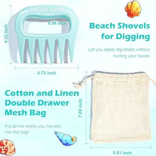 DOSTATNI Sand Scoop with Shovel Sand Flea Rake with Beach Mesh Bag Plastic Sand Sifter for The Beach Shell Scooper Shark Teeth Digger for Picking Up Shells Sea Glass Hunting Tools Beach (Blue)
