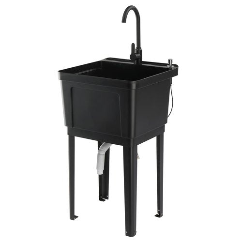 ROVSUN 21-Gallon Plastic Utility Sink, Freestanding Sink with Hot&Cold Faucet, Soap Dispenser, Drain Plug and Iron Legs, Perfect for Laundry Room, Garage, Black 19.7L"×18.9W"×33.1H"
