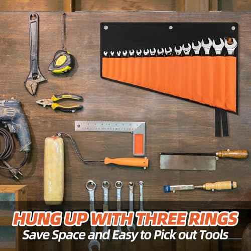 Wrench Roll Organizer 16 Pockets, Wrench Pouch Roll Up with Water Proof Oxford Cloth, Tool Roll Bag for Wrenches Organization, Black and Orange