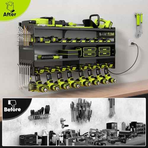Large Power Tool Organizer Wall Mount with Charging Station,4 Layer Heavy Duty Metal Tool Storage Rack Loads 600lbs with 8 Cordless Drill Holder,Battery Utility Rack Loads with 4 Power Strip