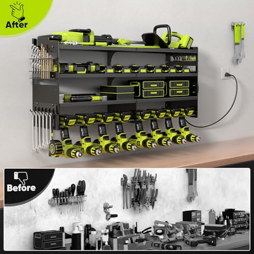 POKIPO Large Black Power Tool Organizer Wall Mount with Charging Station, 4 Layers, Heavy Duty Metal Supports 600lbs, 8 Drill Holders & Power Strip