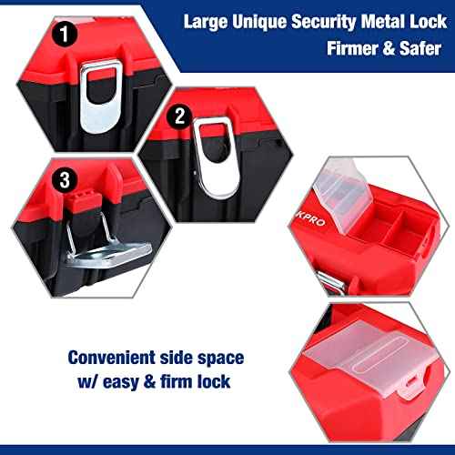 WORKPRO Tool Box Portable 16" with Removable Tray Heavy Duty Toolbox with 2 Metal Latches, Rated up to 33 Lbs, PP Plastic Small Tool Boxes with Lock Secured, Small Parts Organizer in Lid, black & red