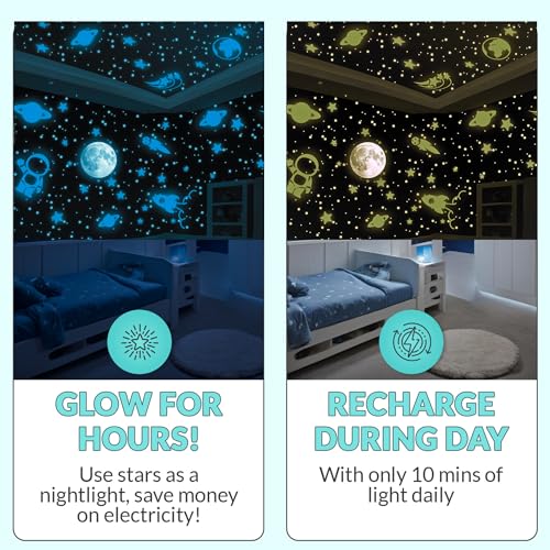 LUMOSX Space Blue Glow in the Dark Star Ceiling Decals Set - 600 Pcs with Moon & E-Book